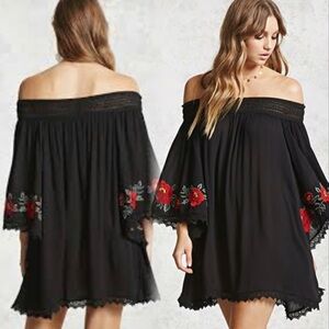 FOREVER 21 Boho Off-Shoulder Black Dress with Red Floral Embroidery